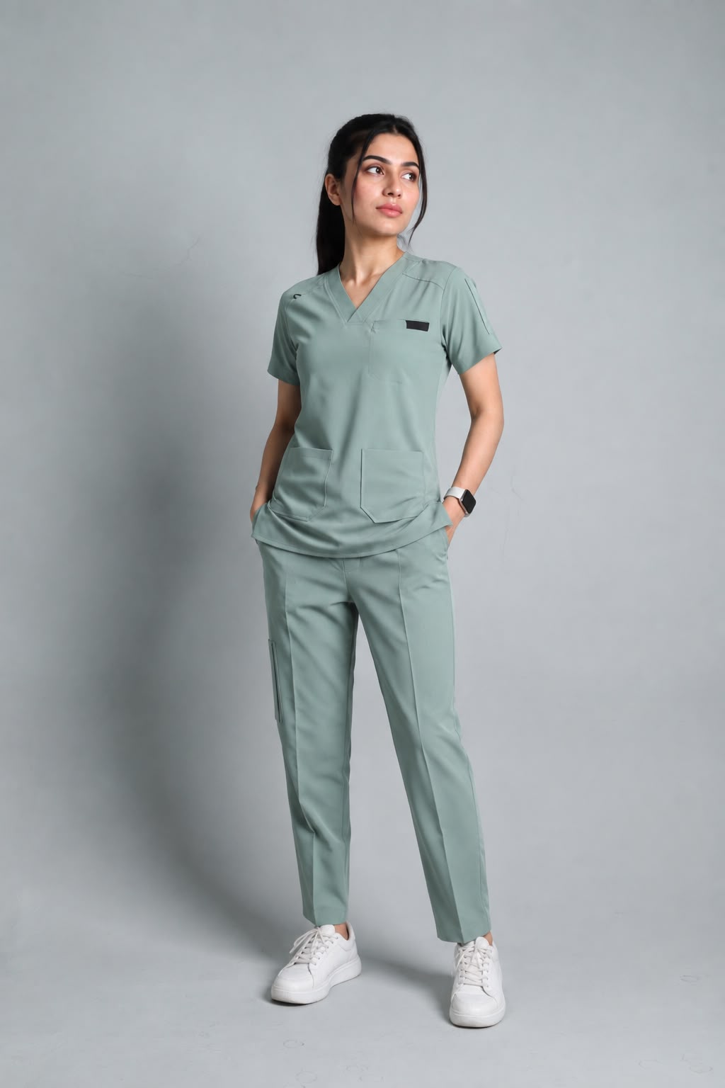 A woman modeling a matching scrub set consisting of a short-sleeve V-neck top and straight-leg pants in sage green, paired with white sneakers, against a solid gray studio background.