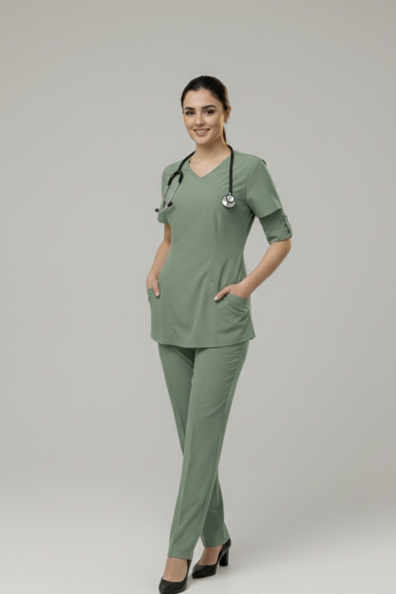 Woman wearing a green medical scrub set on a gray background