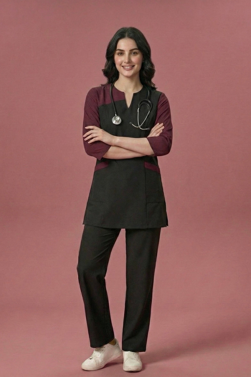 Person wearing a black and burgundy medical uniform with a stethoscope on a pink background