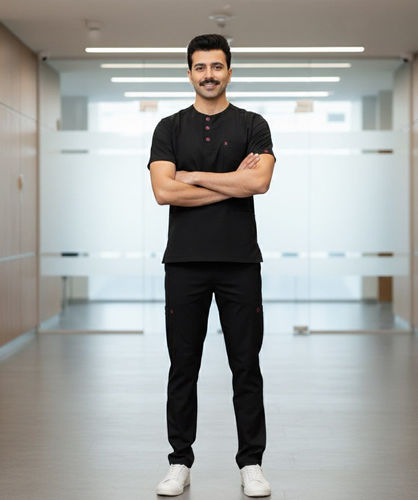 doctor in black outfit standing in a modern office hallway