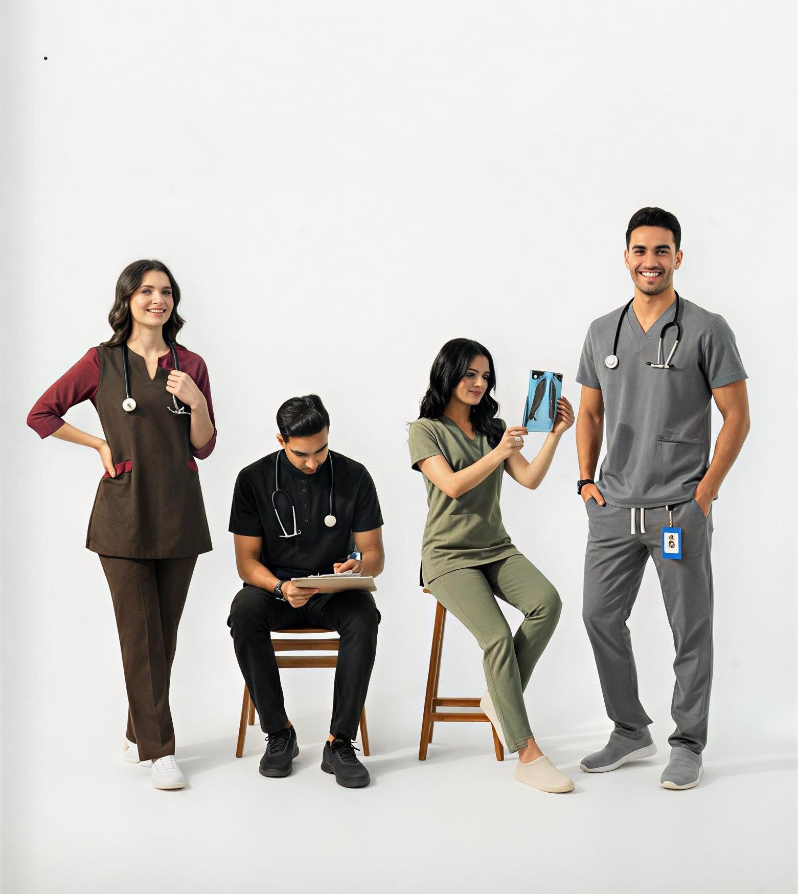 Group of healthcare professionals in various uniforms on a white background