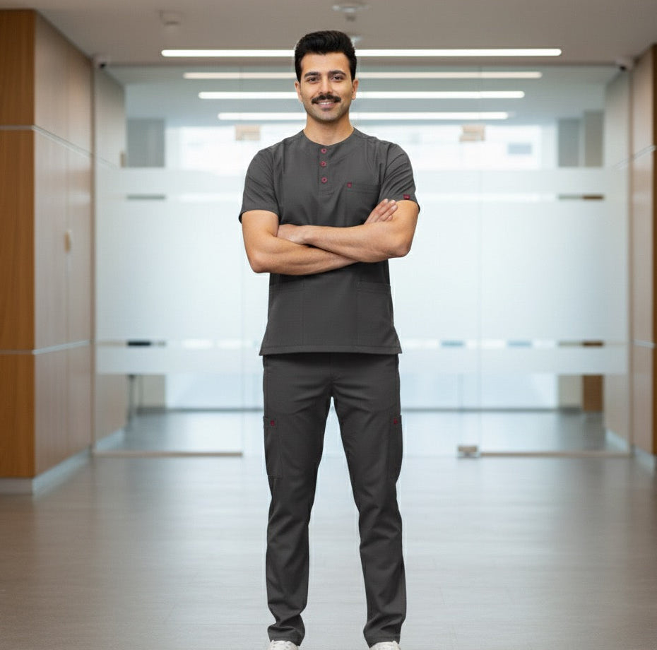 doctor standing in a modern hospital hallway with arms crossed