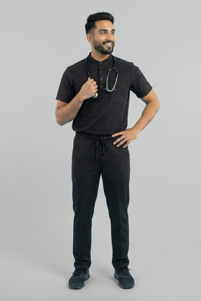 Man wearing a black medical uniform with a stethoscope on a gray background