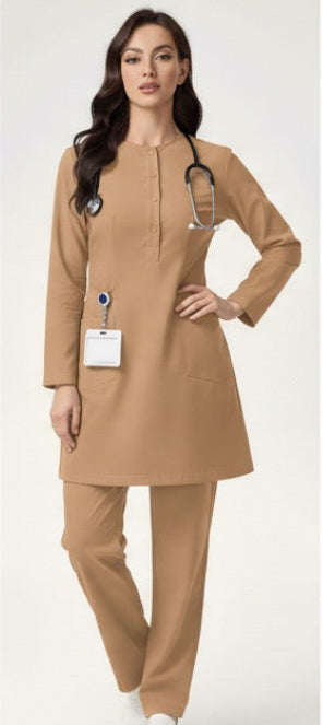 Woman wearing a beige medical coat and pants on a white background