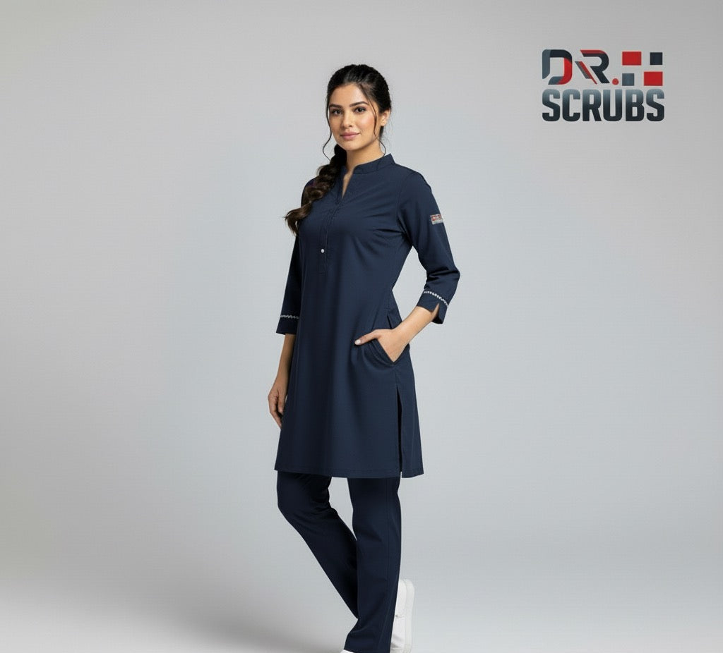 Woman wearing a navy blue scrub set with 'DR. SCRUBS' logo on a gray background