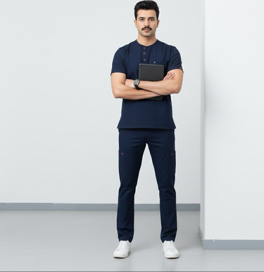 Man wearing navy blue scrubs with a white background and 'DR. SCRUBS' branding.