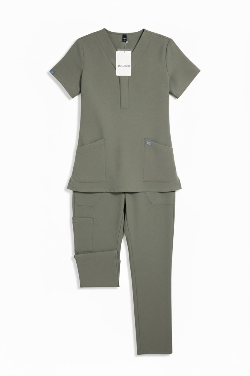 Green medical scrubs set with a tag on a white background
