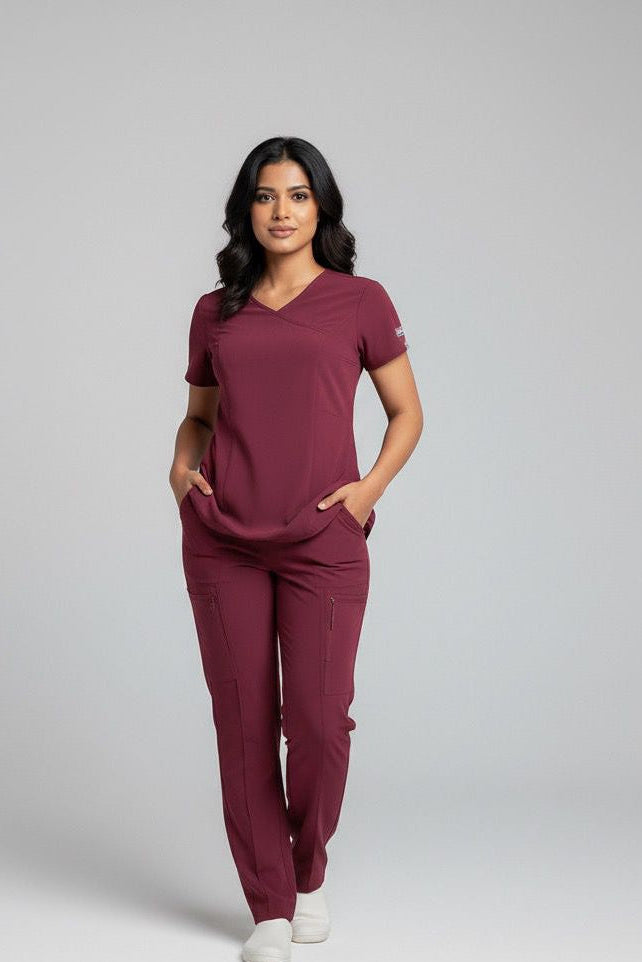 Woman wearing a maroon scrub set on a gray background