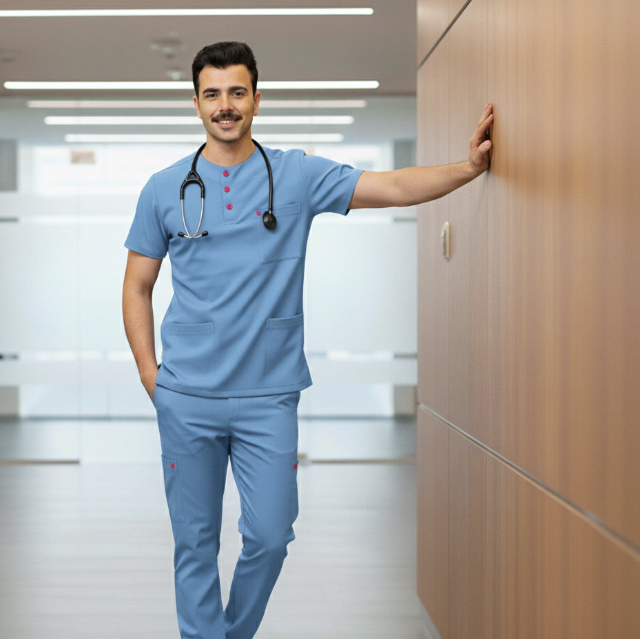 Doctor in blue scrubs with a stethoscope standing in a hospital corridor.