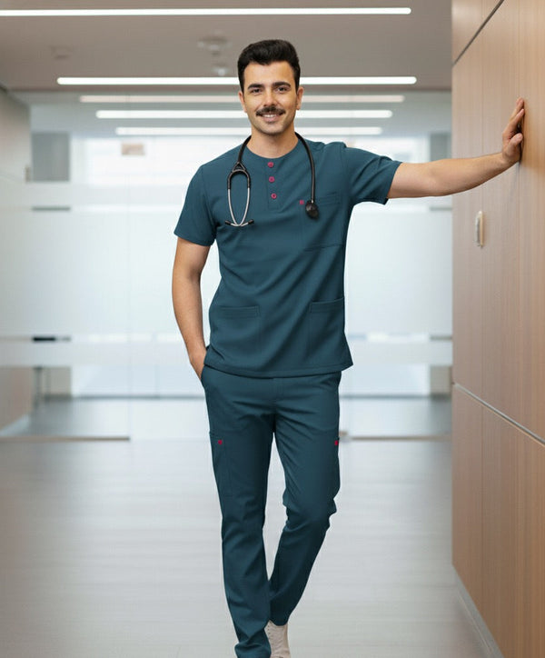 Man in teal medical scrubs with a stethoscope in a hospital setting