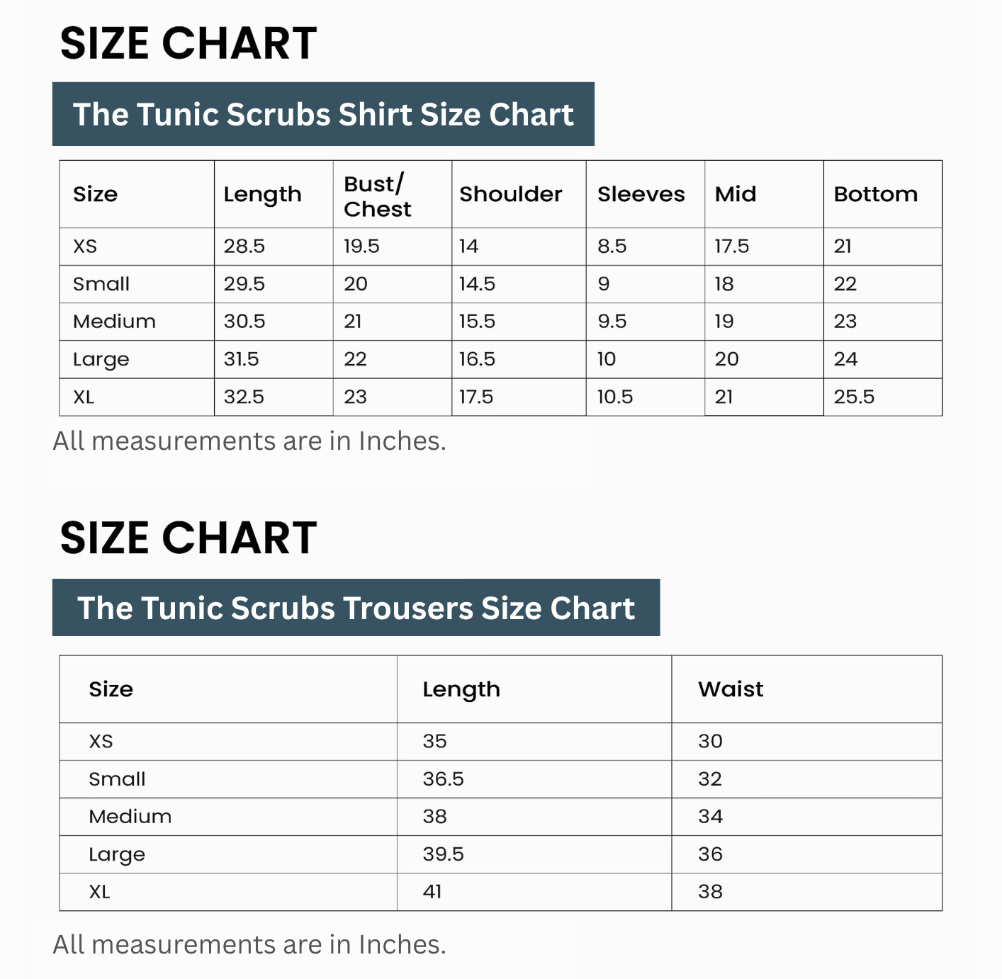 Size chart for tunic scrubs shirts and trousers by Dr. Scrubs on a white background.