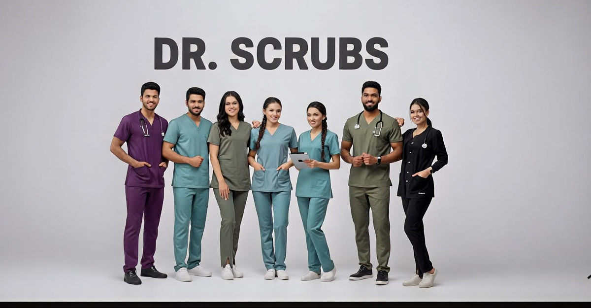 Group of people wearing Dr. Scrubs uniforms against a white background